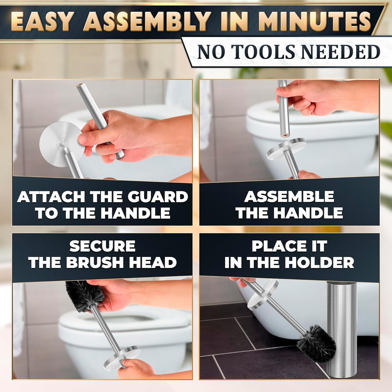 Silver Toilet Brush and Holder Set - Brushed Stainless Steel Gold Toilet Bowl Brush and Holder with Replacable Head, Removable Inner Bowl, and Splash Protection - Dense Bristles for Through Cleaning