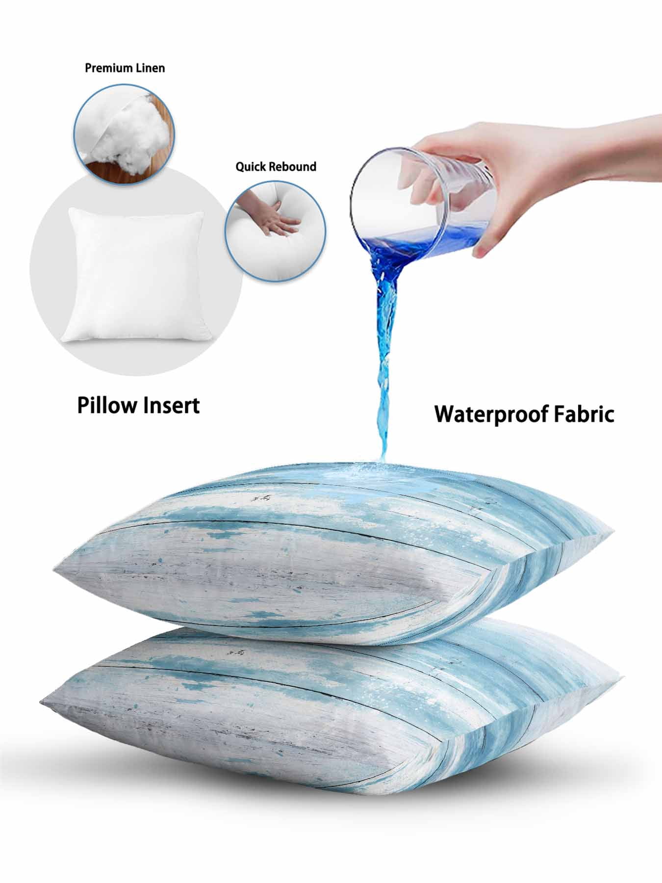 1 Pack Outdoor Throw Pillow, Summer Blue Ocean Waterproof Pillow with Insert Included, Farmhouse Wooden Grain Modern Art Decorative Accent Cushion Sofa Pillows for Patio Porch, 16 x 16 In