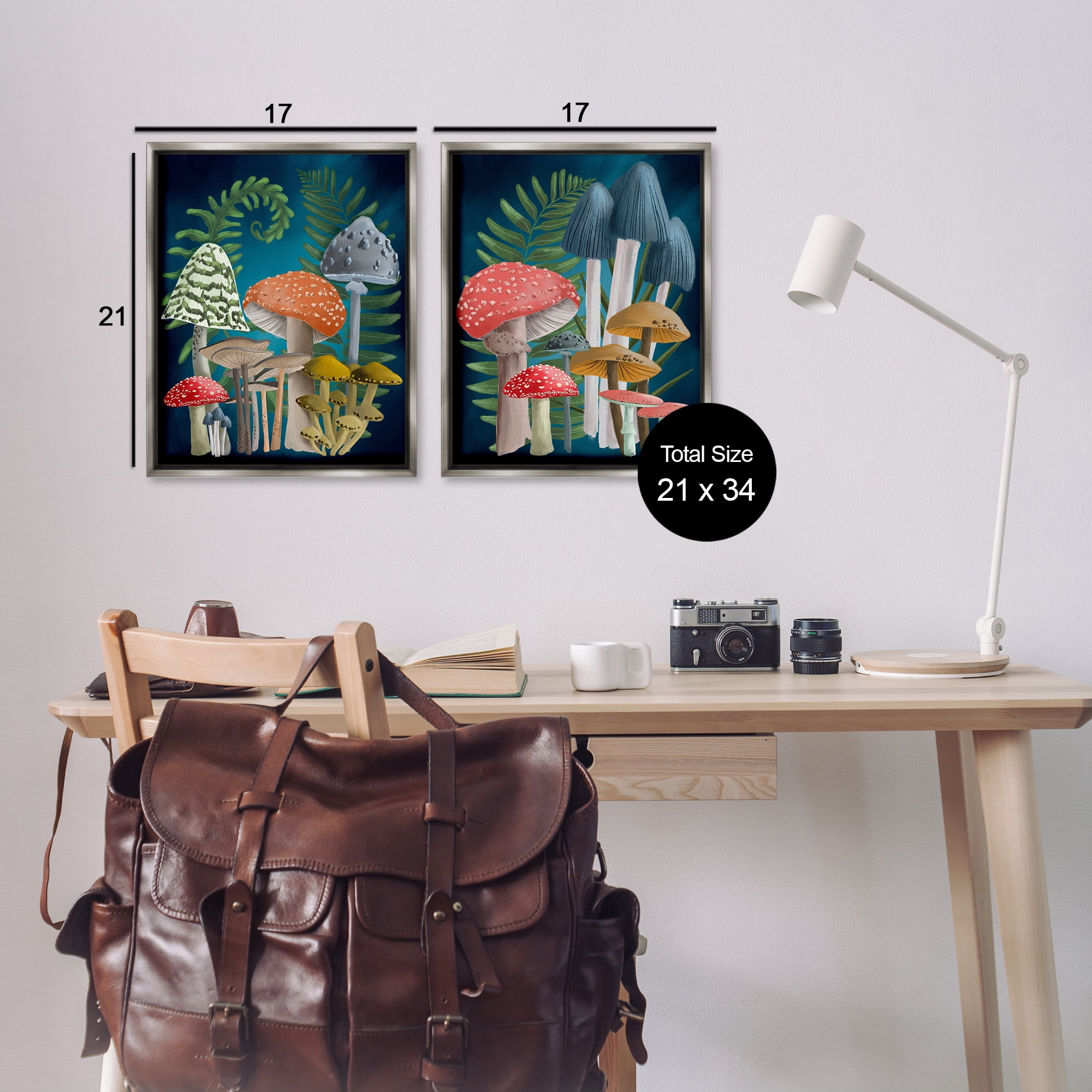 Stupell Industries Mushroom Varieties Forest Ferns Plants & Flowers Painting Gray Floater Framed Canvas Art Print Wall Art, 17 x 21, Set of 2