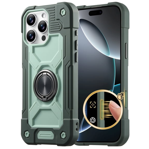 Case for iPhone 14, Rotating Double Ring Kickstand Drop Protective Anti-Scratch Built-In Camera Control Button Silicone Shockproof Phone Case Cover for iPhone 14, Green