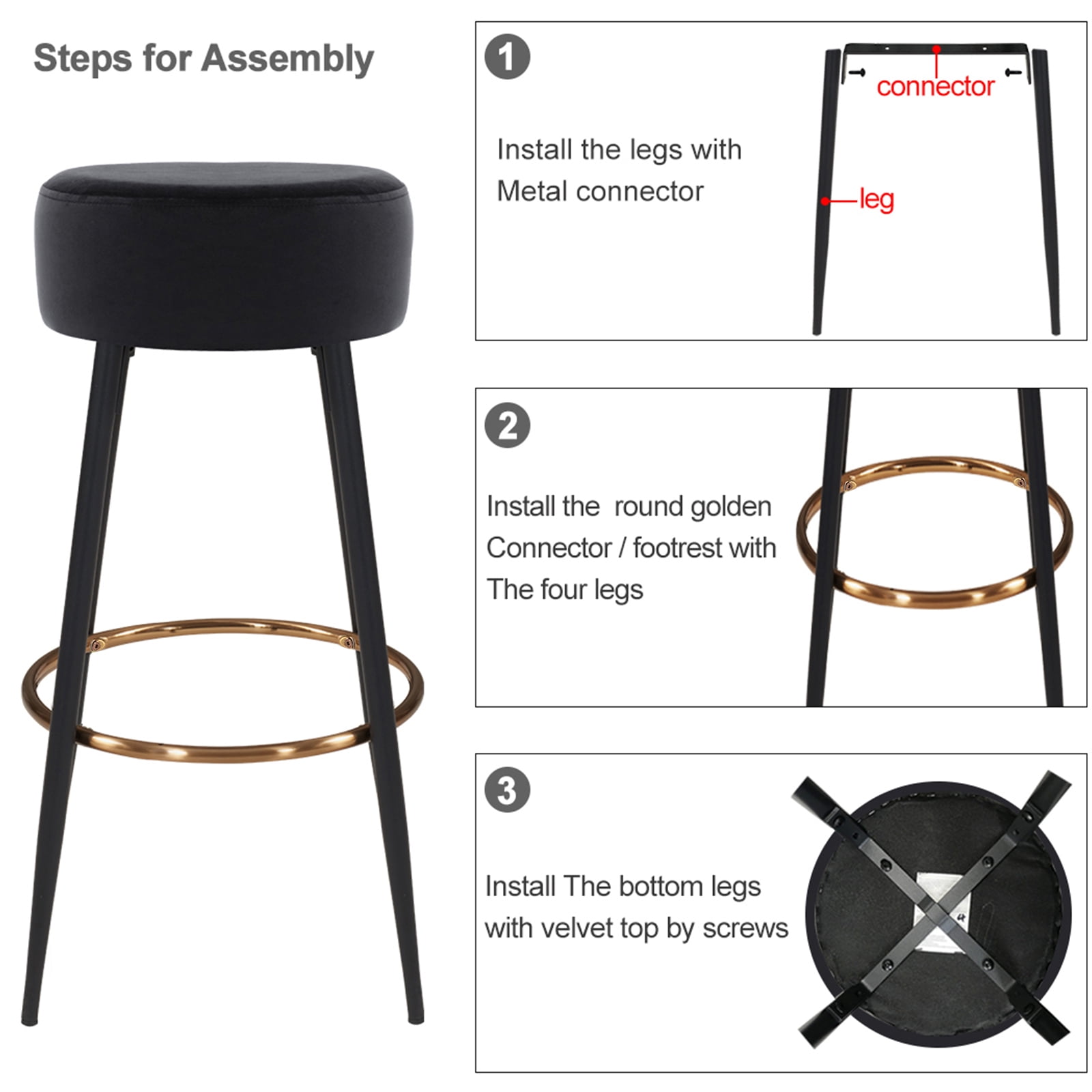 Duhome Elegant Lifestyle Modern 30" Round Velvet Bar Stool Upholstered Kitchen Counter Stool Set of 2 Black