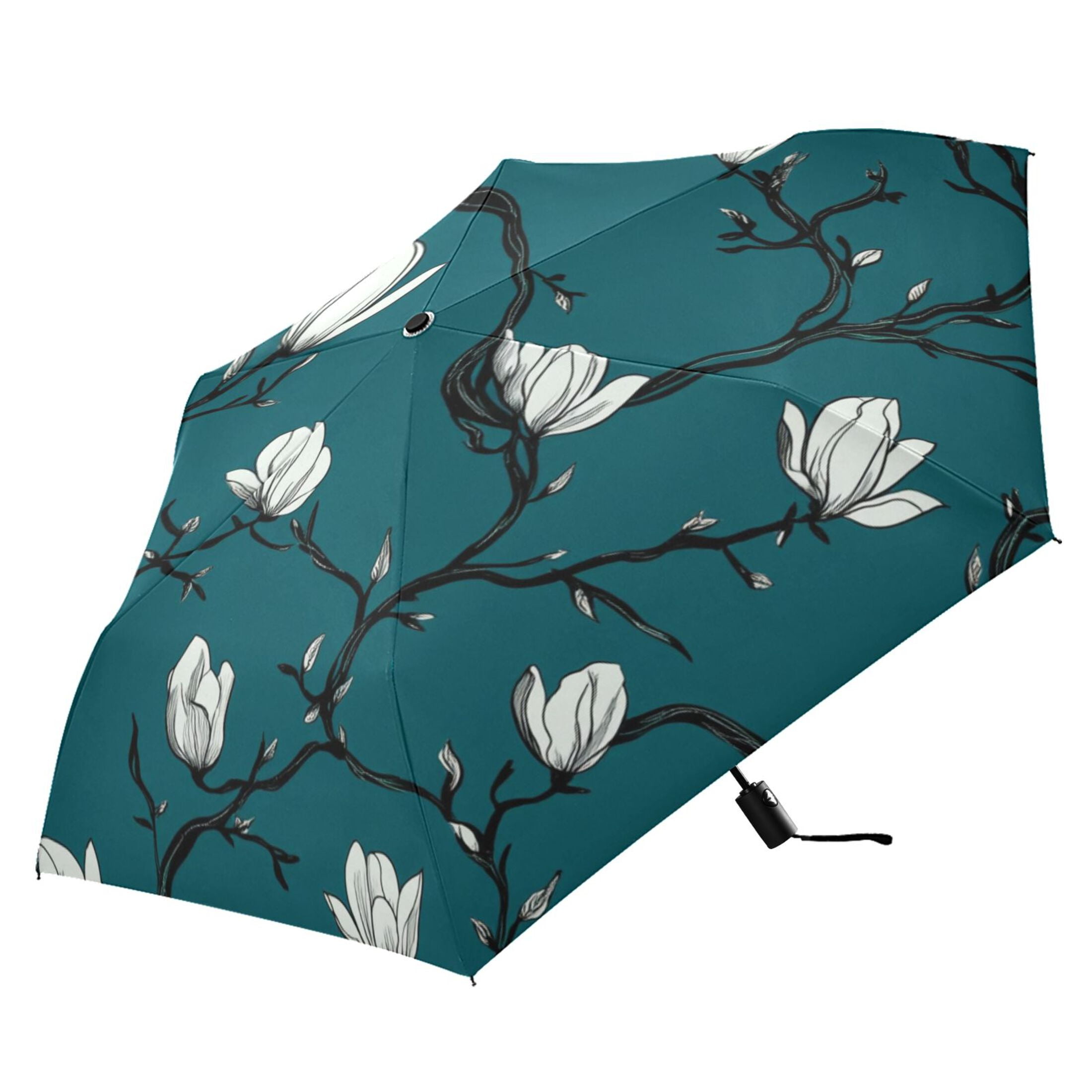Flowers Magnolia Buds Folding Umbrella UV50+ Waterproof Sun Protection Auto Open Close Compact Fiberglass Frame