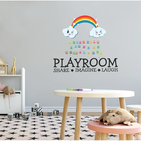 KIDS PLAYROOM - Educational Vinyl Art Decoration Rainbow Clouds Multicolored Alphabet Letter Cubes Design Playroom Share Imagine Laugh Lettering Art Wall Decal Sticker 10" x 9"