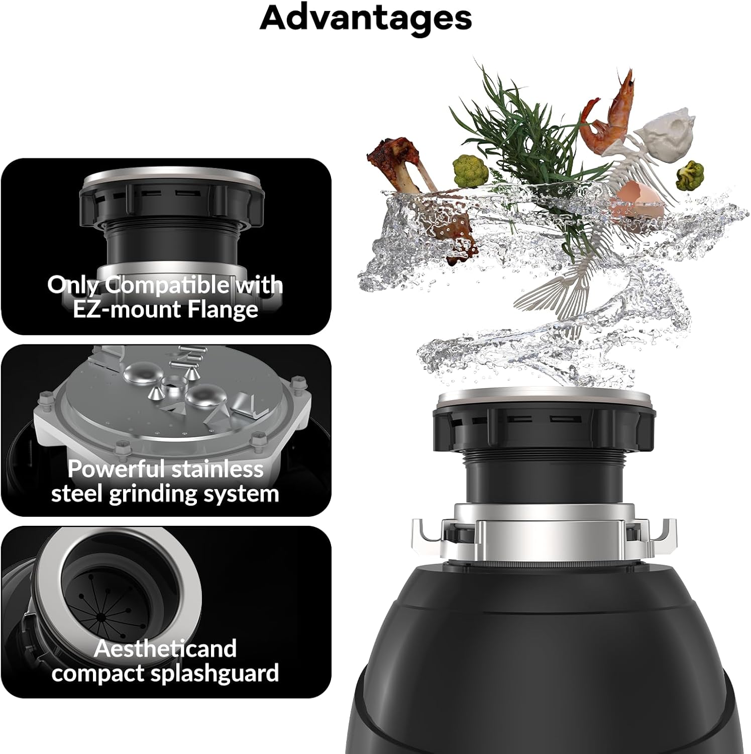 Garvee 3/4 HP Garbage Disposal with Air Switch, 4-Stage Grinding, 3500 RPM, Quiet Food Waste Disposer, Stainless Steel & ABS, for Kitchen, Matte Black