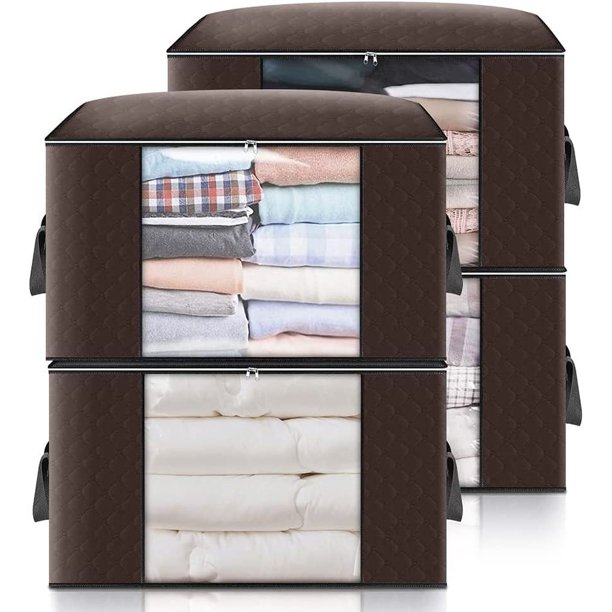 Paquete de 4 bolsas de almacenamiento debajo de la cama, bolsas de almacenamiento de gran capacidad para edredones, mantas, almohadas, juguetes, ropa, chaquetas, 60 x 43 x 35 cm (marrón).