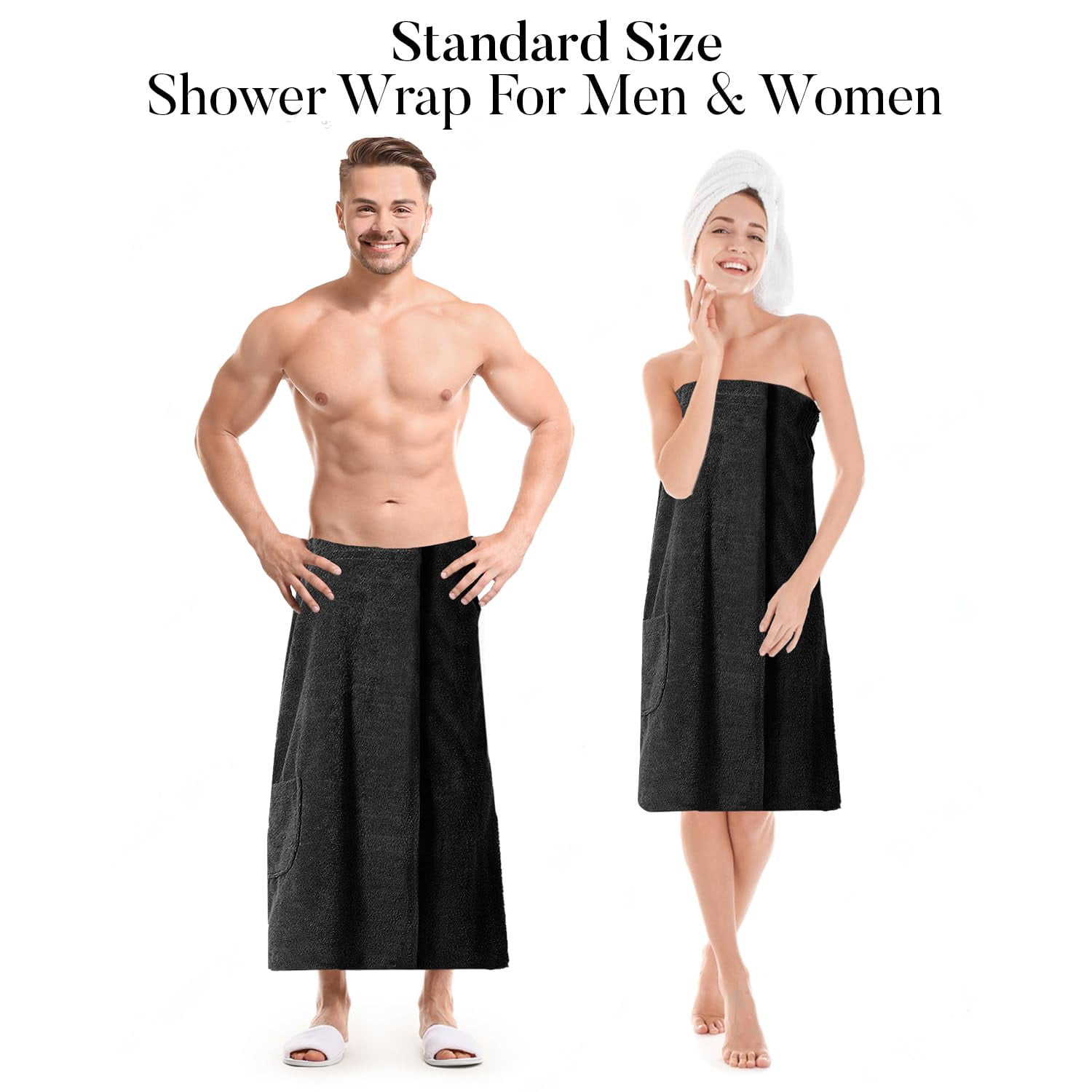 Dan River Shower Wrap With Pocket Pack of 1 Lightweight Terry Cotton Bath Towel Wrap - Black, 32X60in