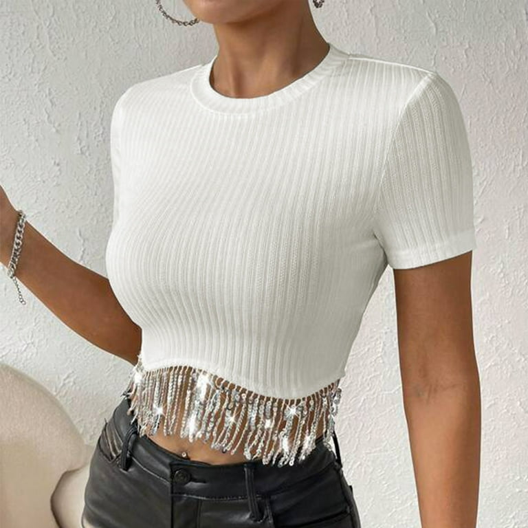 JGGSPWM Women's Summer Sequin Fringe Ribbed Knit Crop Top Round