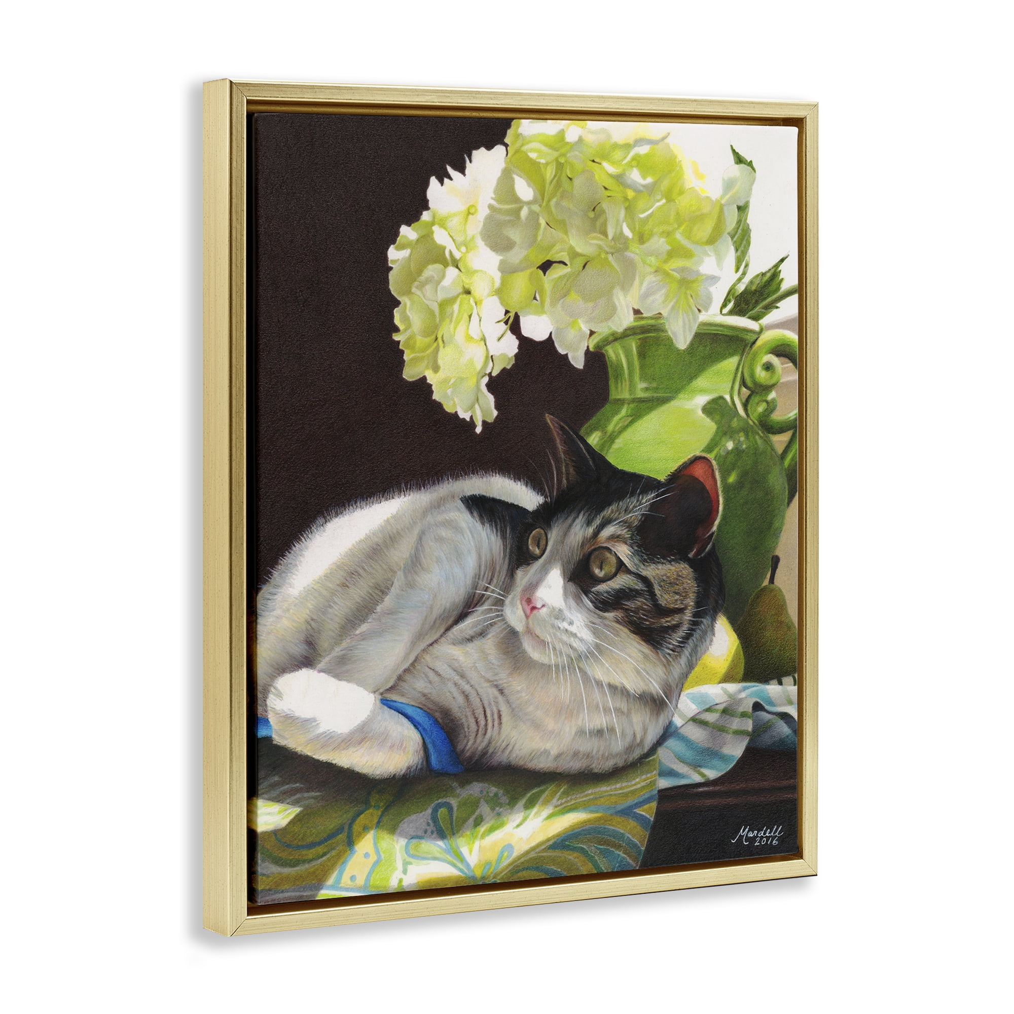 Stupell Industries Cat & Blue Ribbon Animals & Insects Painting Gold Floater Framed Canvas Art Print Wall Art, 25 x 31