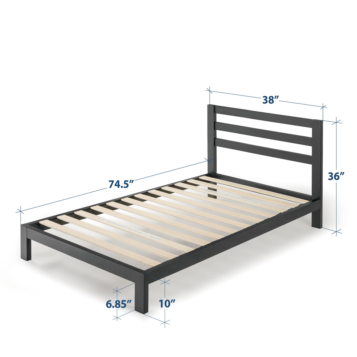 Mellow Modernista Classic HD 10" Metal Platform Bed with Headboard and Wood Slats, Black, Twin