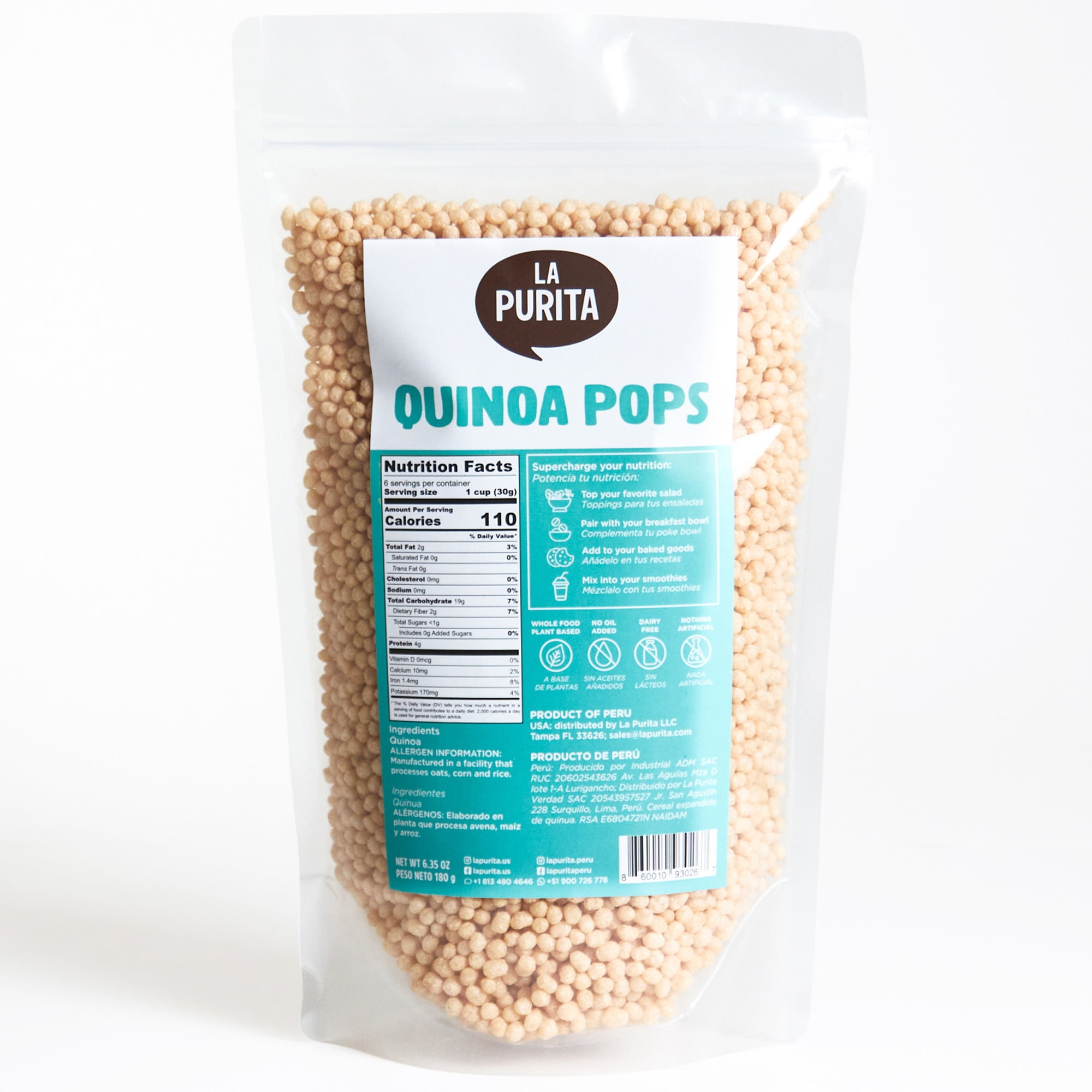 La Purita Quinoa Pops 6.35 oz Puffed Quinua Gluten-Free Cereal Vegan Superfood (180g)