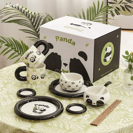 12PCS Panda Ceramic Tableware Set, Dishes, Plates, Mugs, Home Kitchen Tableware Supplies, Exquisite Gift Box for Gift Giving