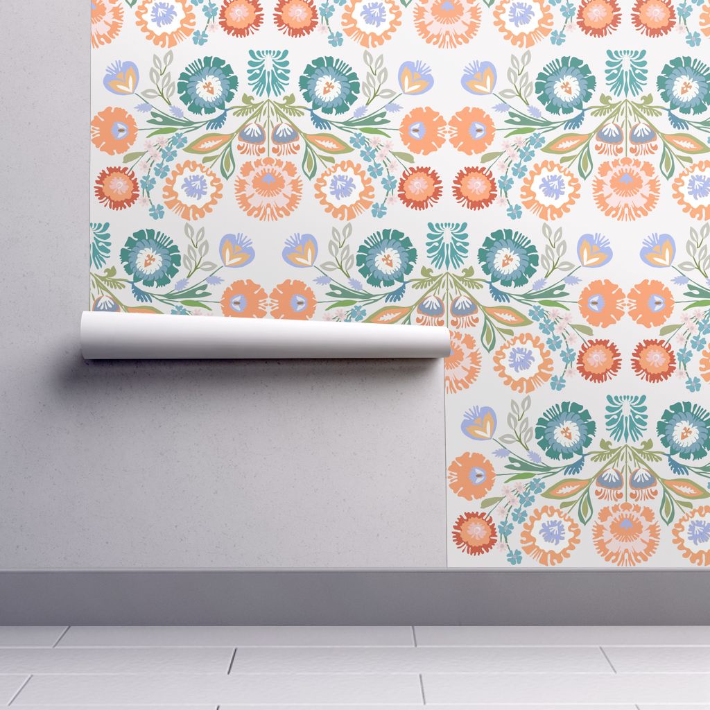 Removable Water-Activated Wallpaper Floral Folk Art Polish Inspired Embroidery