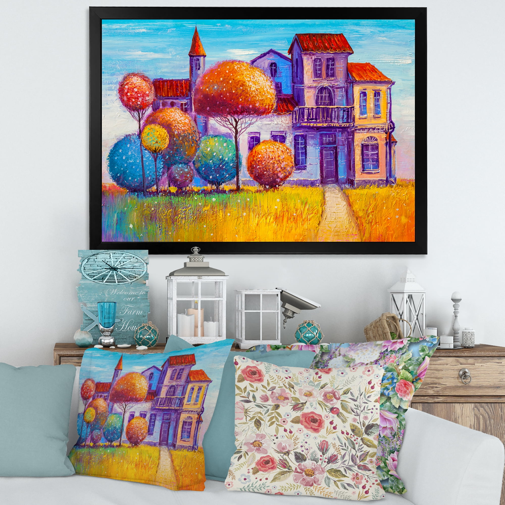 Designart 'Abstract Colorful House In The Fairy Tale VIllage' Traditional Framed Art Print