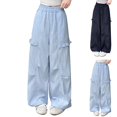 thumbnail image 2 of TIREOW Girls Wide Leg Pants Solid Color Elastic High Waist Drawstring Baggy Casual Pants Stylish Streetwear Lightweight Track Pants Joggers, 2 of 6
