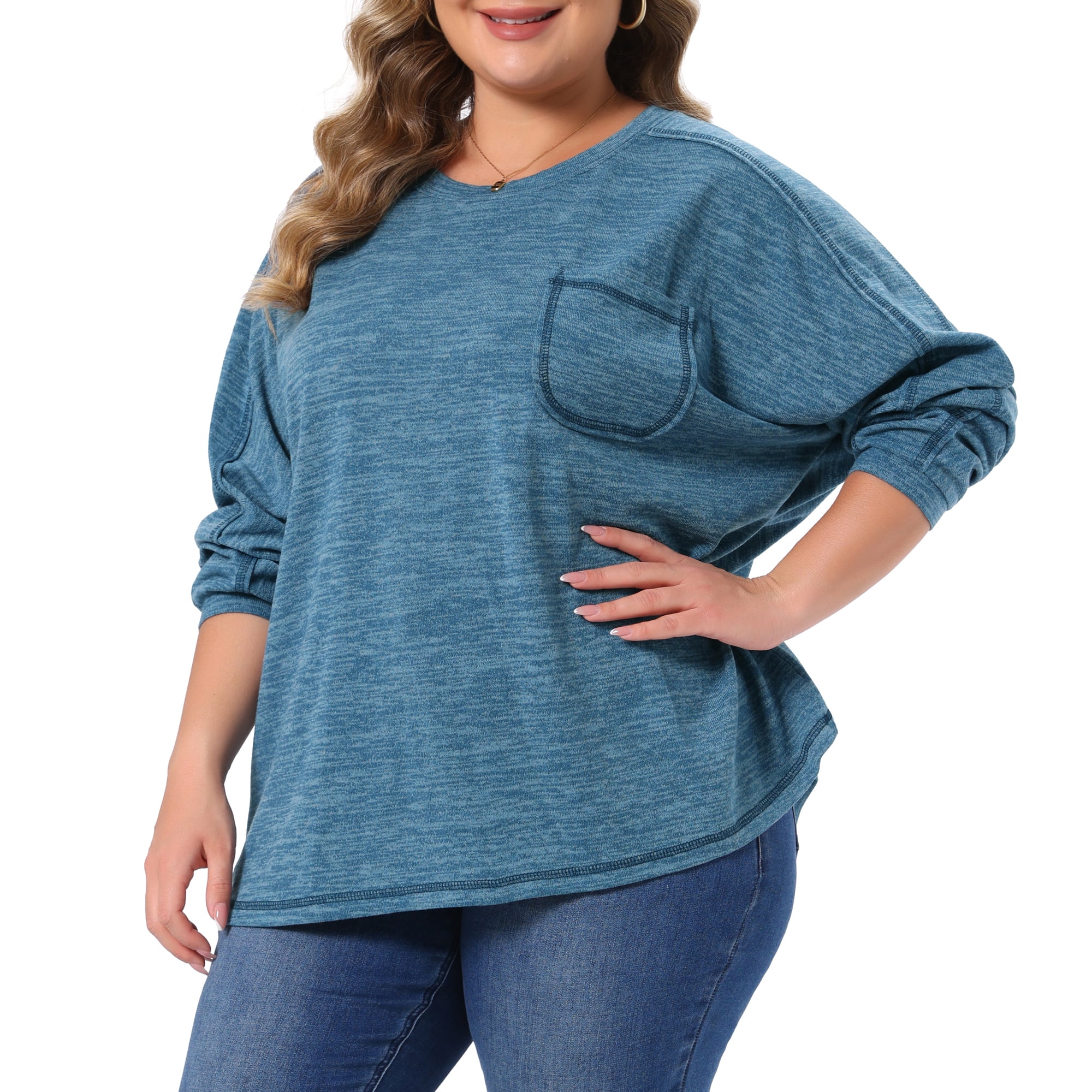 DARING DIVA Women's Plus Long Sleeve Crewneck Pullover Casual Blouses 2X Gray Blue