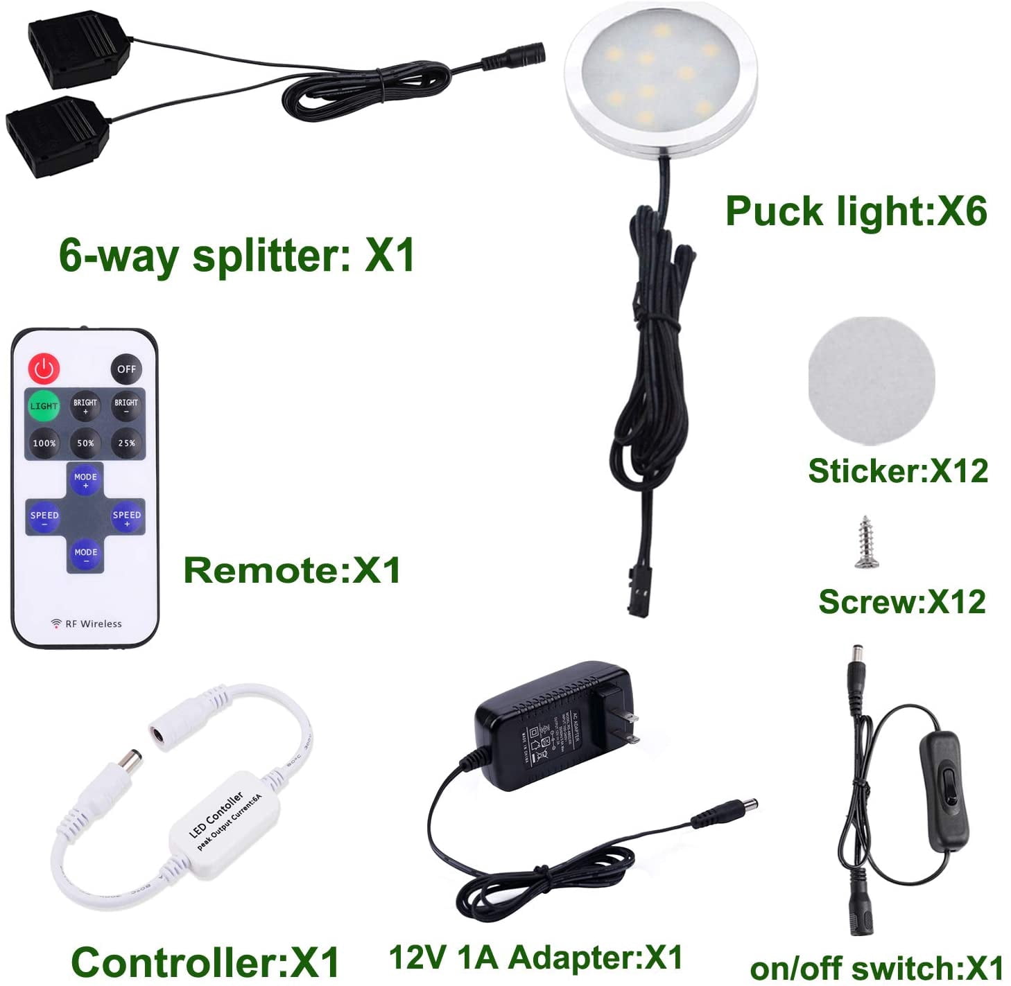 LED Under Cabinet Puck Lights Kit - 6 Pack Dimmable 12W Aluminum Lights with Black Cord and Wireless RF Remote Control (6000K Daylight White) for Kitchen Counter and Closet Lighting