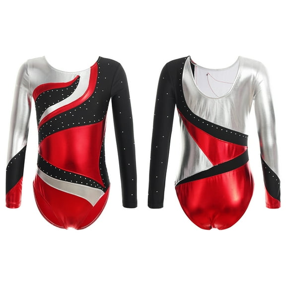 iixpin Girls Kids Shiny Metallic Gymnastics Leotards Dance Ballet Unitard Biketard Team Competition Costume Red 10