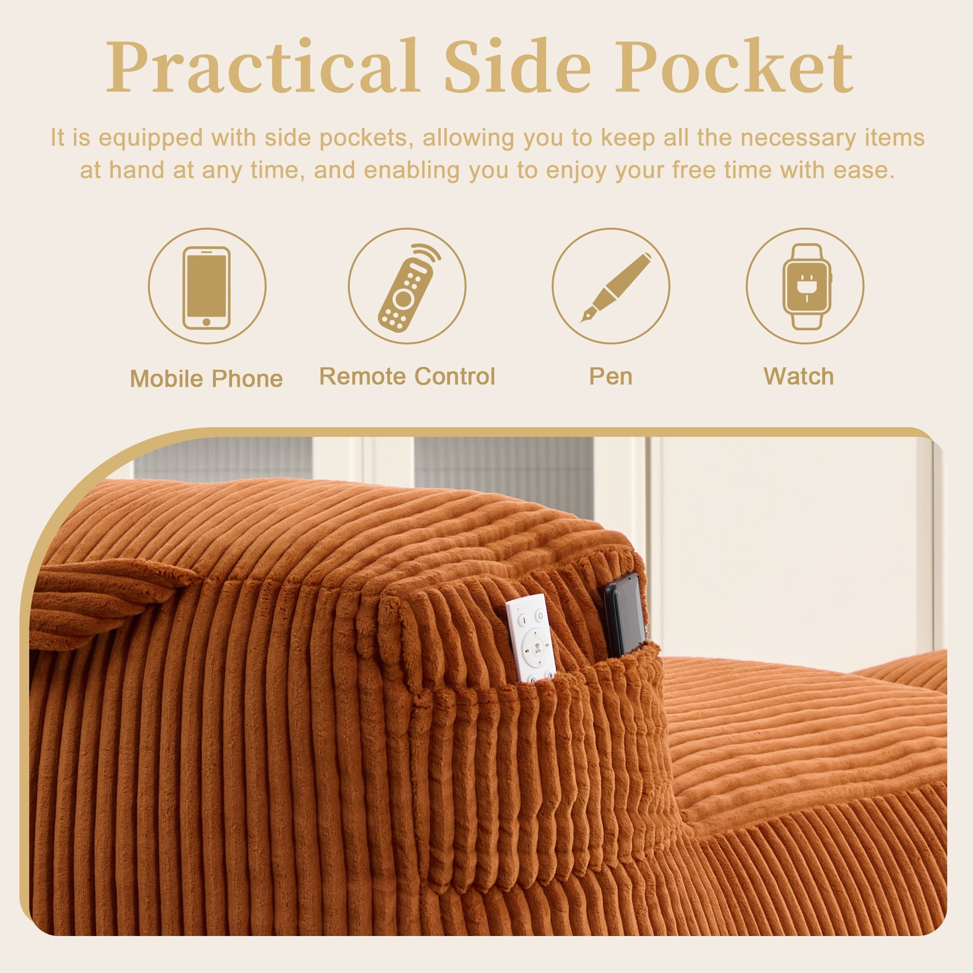 Avobird Big Bean Bag Chair, Lounger Large Bean Bag Sofa With ottoman, Memory Foam Filled Beanbag Chair for Living Room Bedroom, Ergonomic Support & Premium Com, Orange