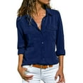 thumbnail image 2 of BOOMILK Womens Button Up Shirts Rolled Long Sleeve Turndown Collar V Neck Casual Work Blouses Navy, 2 of 5