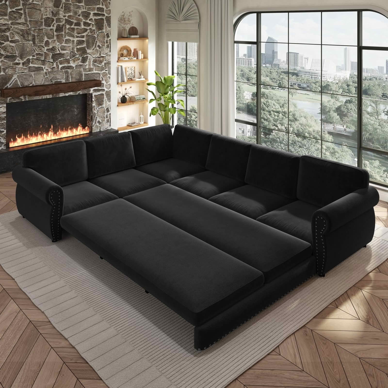 MAYEERTY 118" L‑Shaped Convertible Pull‑Out Sofa Bed, Chenille Sectional Couch with Nailhead Trim & Rolled Arms, Oversized Multifunctional Sleeper Sofa