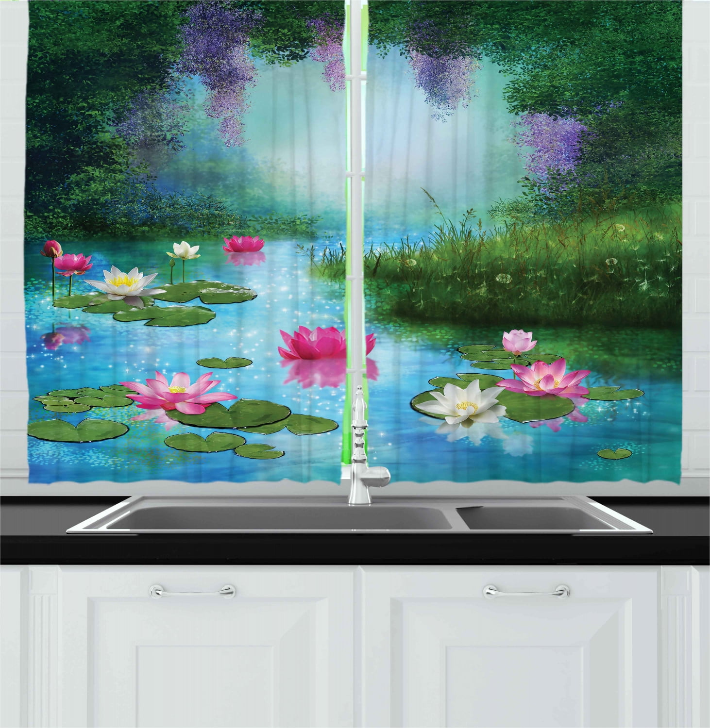 Nature Curtains 2 Panels Set, Fantasy Pond with Water Lilies Floating Romantic Lotus Fairy Tale Digital Art, Window Drapes for Living Room Bedroom, 55W X 39L Inches, Aqua Pink Green, by Ambesonne