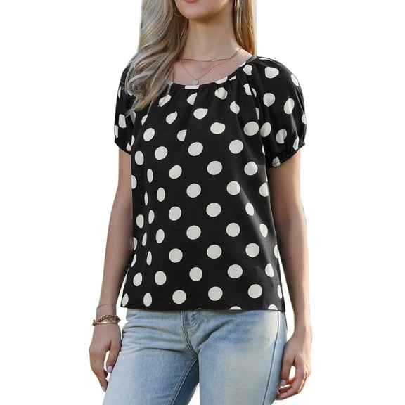 INSPIRE CHIC Polka Dots Tops for Women's Short Sleeve Crew Neck Summer Casual Lightweight Blouse Shirts XS Black