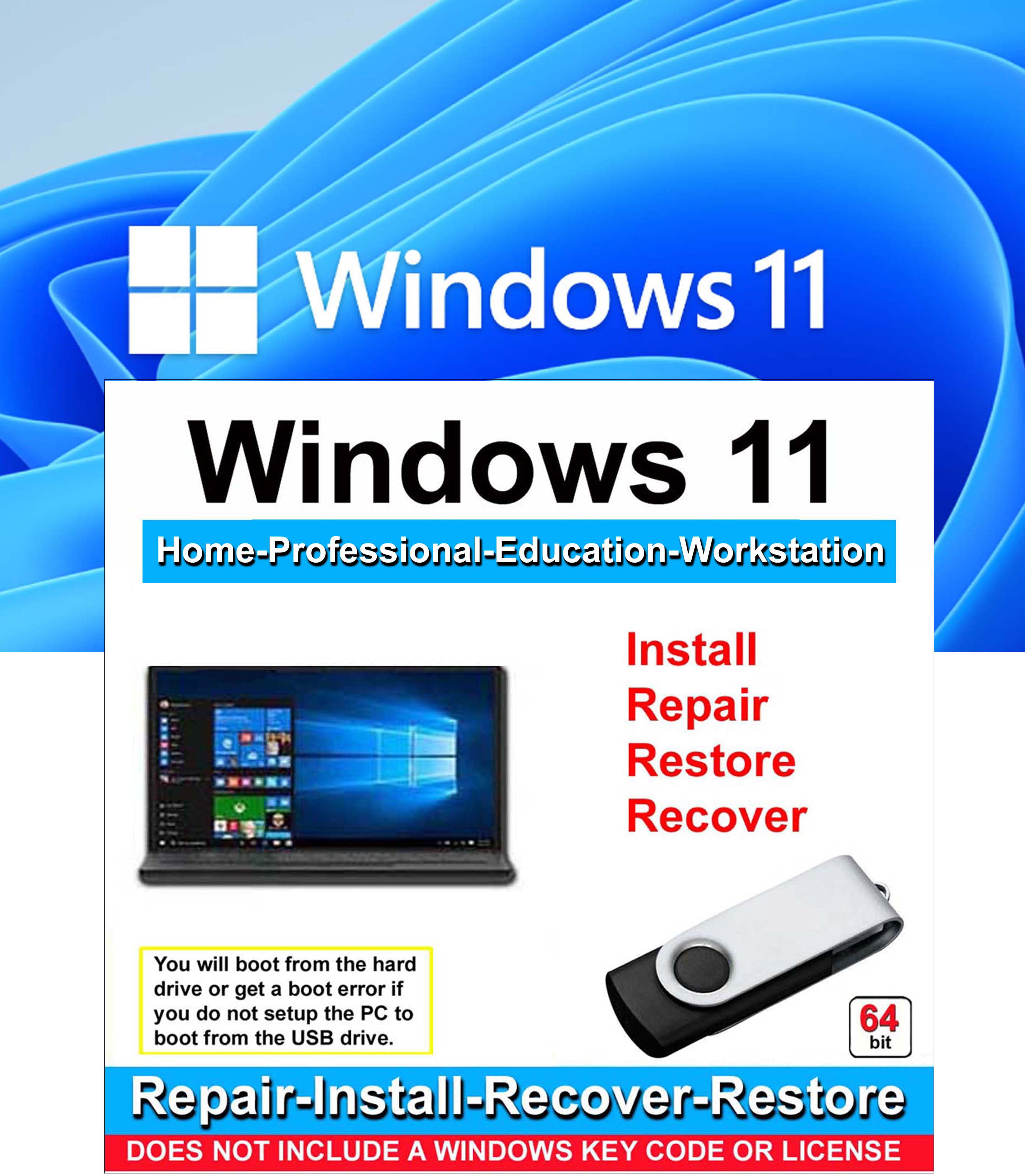 rent skjorte hed Windows 11 Home, Professional, Education, Workstation 64 Bit Repair,  Recover, Restore & Reinstall USB Flash Drive For UEFI Bios - Walmart.com