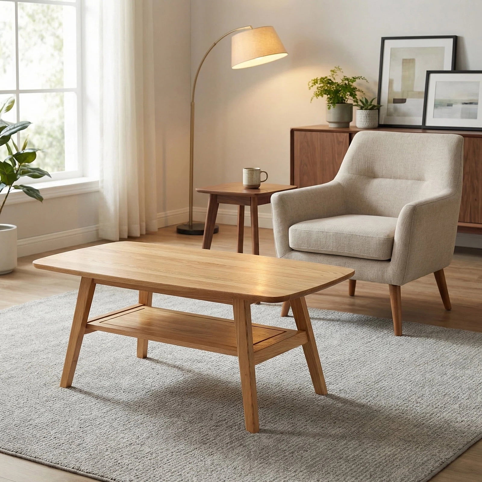 Hommoo Mid Century Modern 2-Tier Coffee Table with Rounded Corners amd Storage Shelf  Wooden Coffee Table  for Living Room  Office  Apartment  Oak
