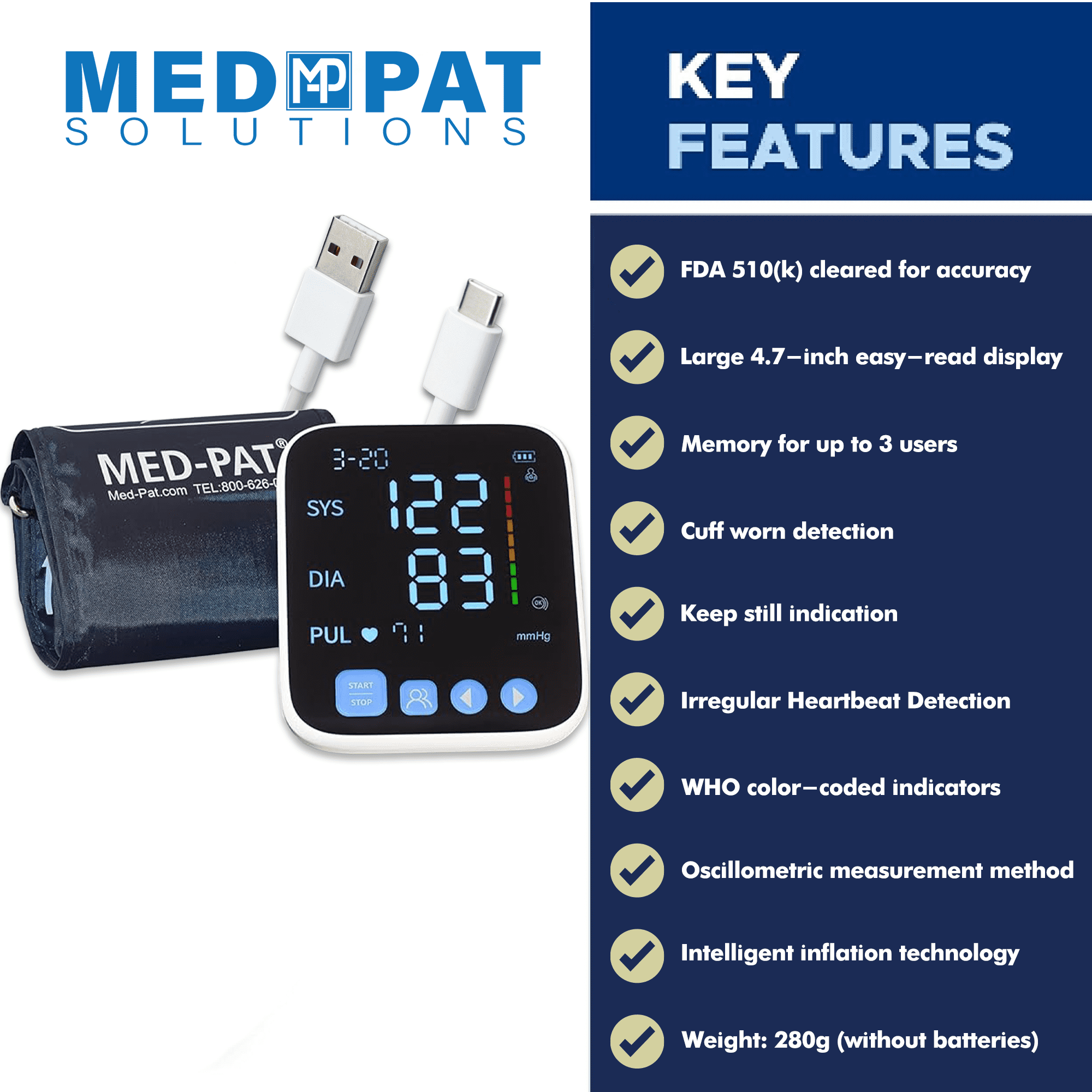 Med-Pat Digital Oscillometric Blood Pressure Monitor BP-S with Adjustable Cuff and Large LED Display, FDA Approved