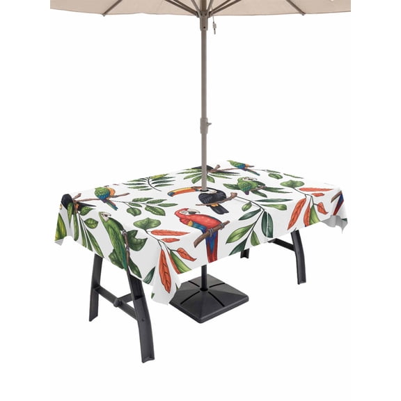 Outdoor Tablecloth with Umbrella Hole and Zipper, Farmhouse Parrots Rectangle Table Cloth 60x84 Inch Waterproof Tablecloth, Spring Summer Botanical Leaf Watercolor Picnic Table Cover for Patio