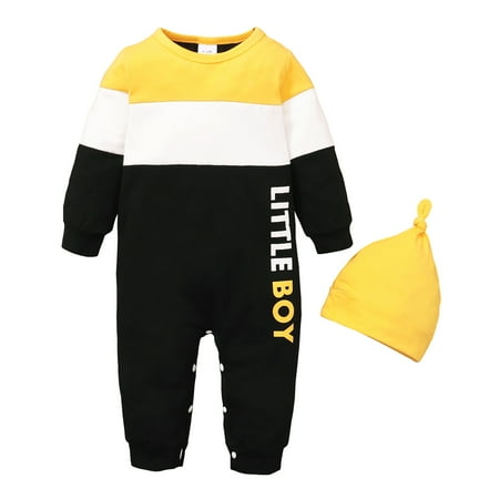 

NZRVAWS Baby Boys Outfits Splice Letter Print Round Neck Long Sleeve Romper+Hat 2Pcs Clothes Set 12-18 Months Yellow