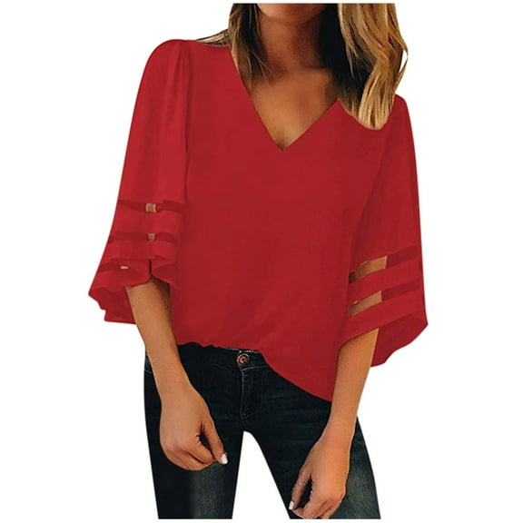 Aoochasliy Tee Shirts for Women Graphic V-Neck Solid Blouse Mesh Panel Blouse Bell Sleeve Loose Tops