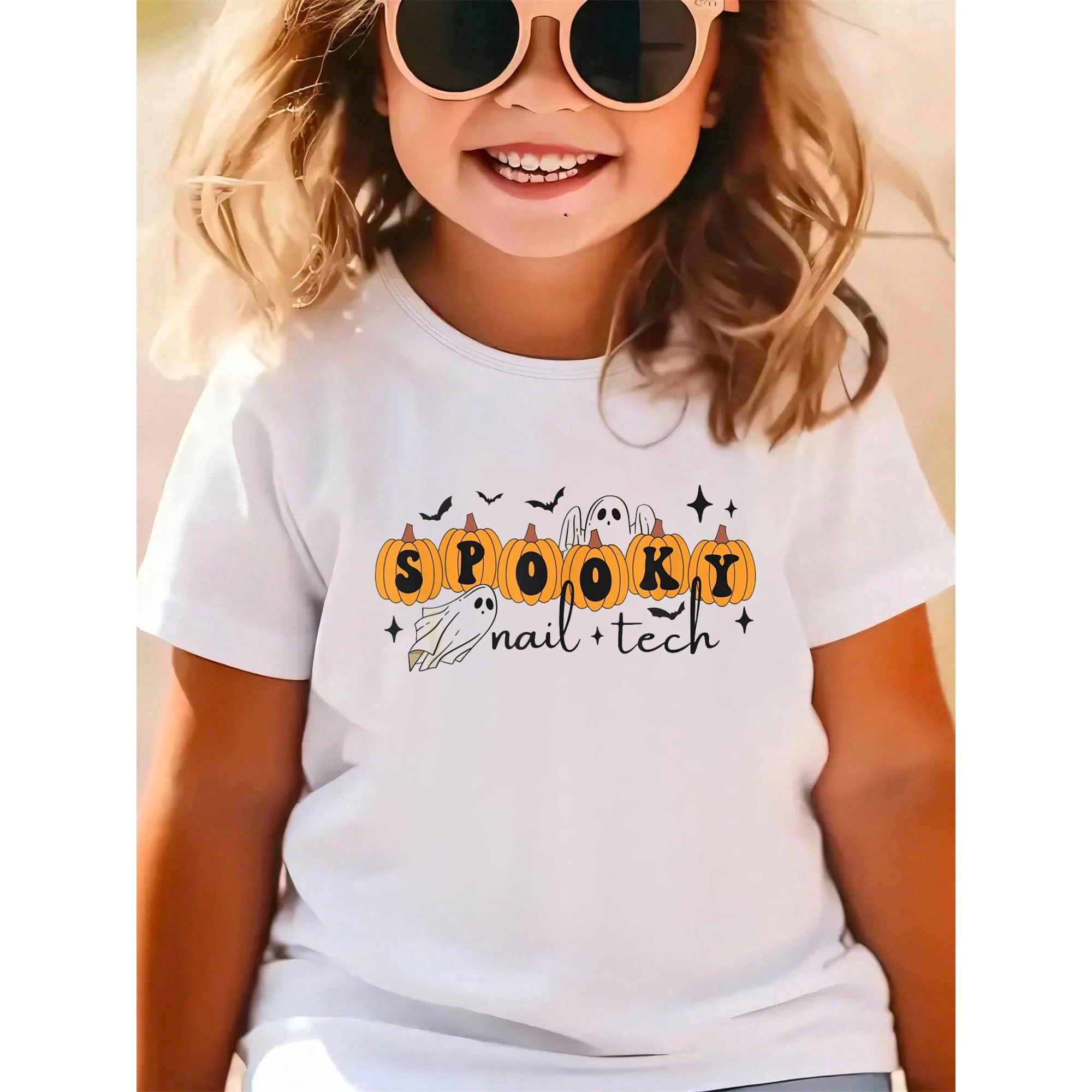 Women Spooky Nail Tech Halloween Pumpkins Ghosts Nail Salon Kids Cotton Graphic Tee Comfortable boys girls T-Shirt