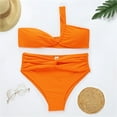 thumbnail image 4 of Plus size Swimsuits Women's Solid Color One Shoulder Split Two Piece Swimsuit Orange 4(S), 4 of 9