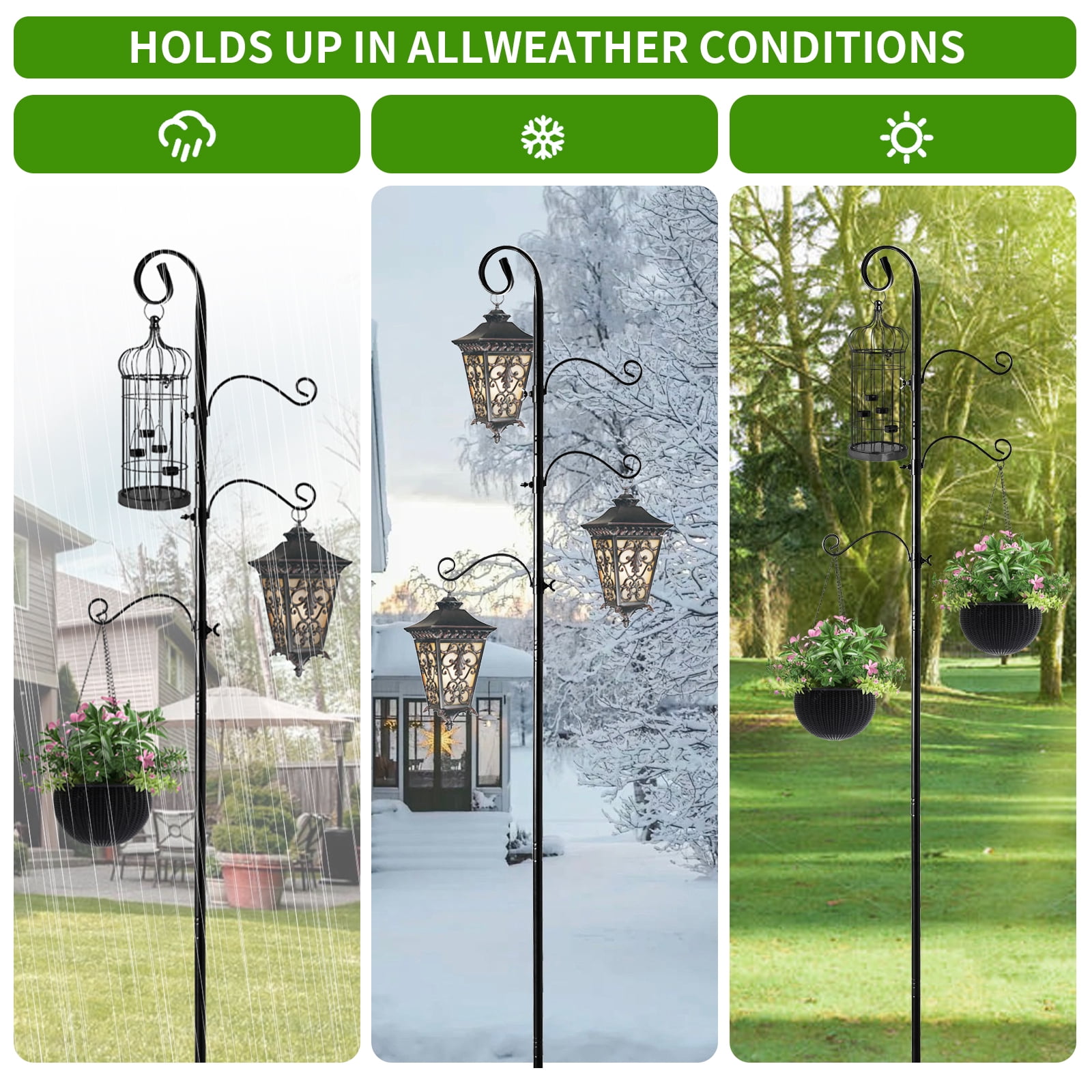 92 Inch Shepherds Hooks for Outdoor, Bird Feeder Poles with 4 Hooks, Shepherds Hook for Bird Feeders Outside with Base, Garden Pole for Hanging Plant Baskets, Weddings Decor