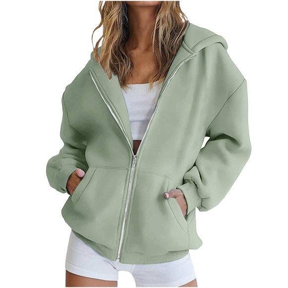 Lenpel Women's Plus Size Zip up Hoodies Long Sleeve Drawstring Oversized Sweatshirts Casual Loose Outwear Jackets with Pockets(Green,3X-Large)