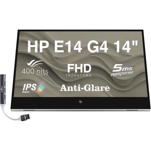 HP E14 G4 14" FHD IPS Monitor with 5ms Response Time, Anti-Glare, Flicker Free, 400 nits Brightness, USB-C & Dockztorm USB Port Expander, Silver Color (1B065AA#AC3)