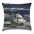 thumbnail image 1 of Landscape Throw Pillow Cushion Cover, Cloudy Sky Caribbean Pirates Ship Oil Print Like Art Image, Decorative Square Accent Pillow Case, 16 X 16 Inches, Blue Grey Light Grey and White, by Ambesonne, 1 of 2