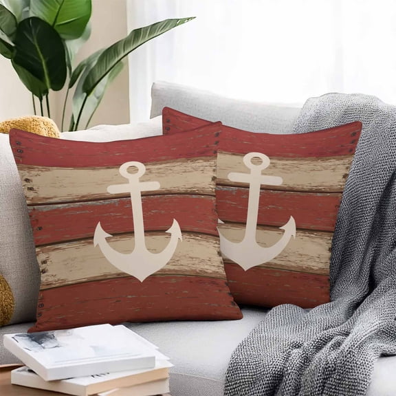 Throw Pillow Covers 18x18 Inch Set of 2, Nautical Anchor Waterproof Outdoor Pillow Covers, Red Beige Rretro Wooden Board Textures Decorative Cushion Pillowcases for Couch, Sofa, Bed, Garden, Patio