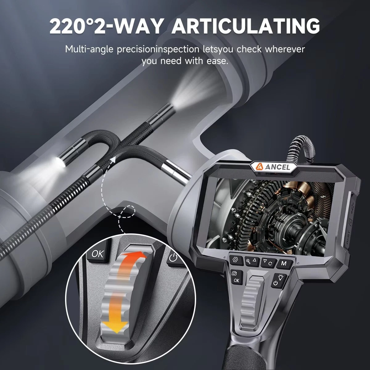 ANCEL AN303 3.9MM Borescope Camera Two-way 210° Articulating Inspection Endscope Camera with 4.3inch Screen