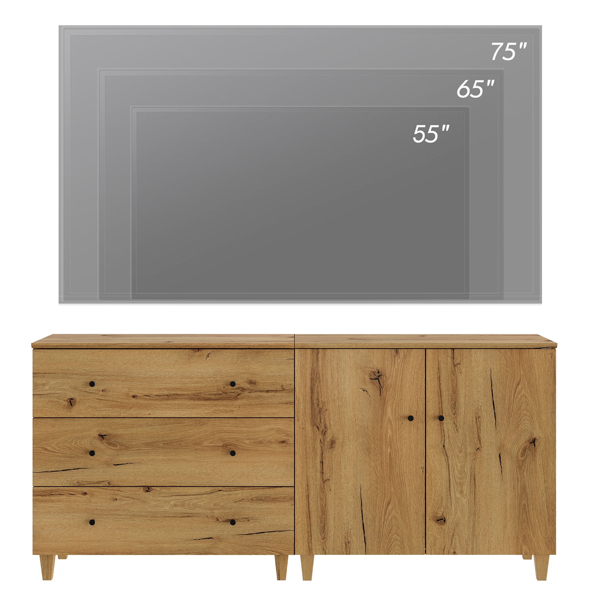 WAMPAT TV Stand for 75+ Inches TVs, 2-in-1 Modern Wooden Media Console with 3 Spacious Drawers and 1 Storage Cabinet for Living Room, Oak Brown