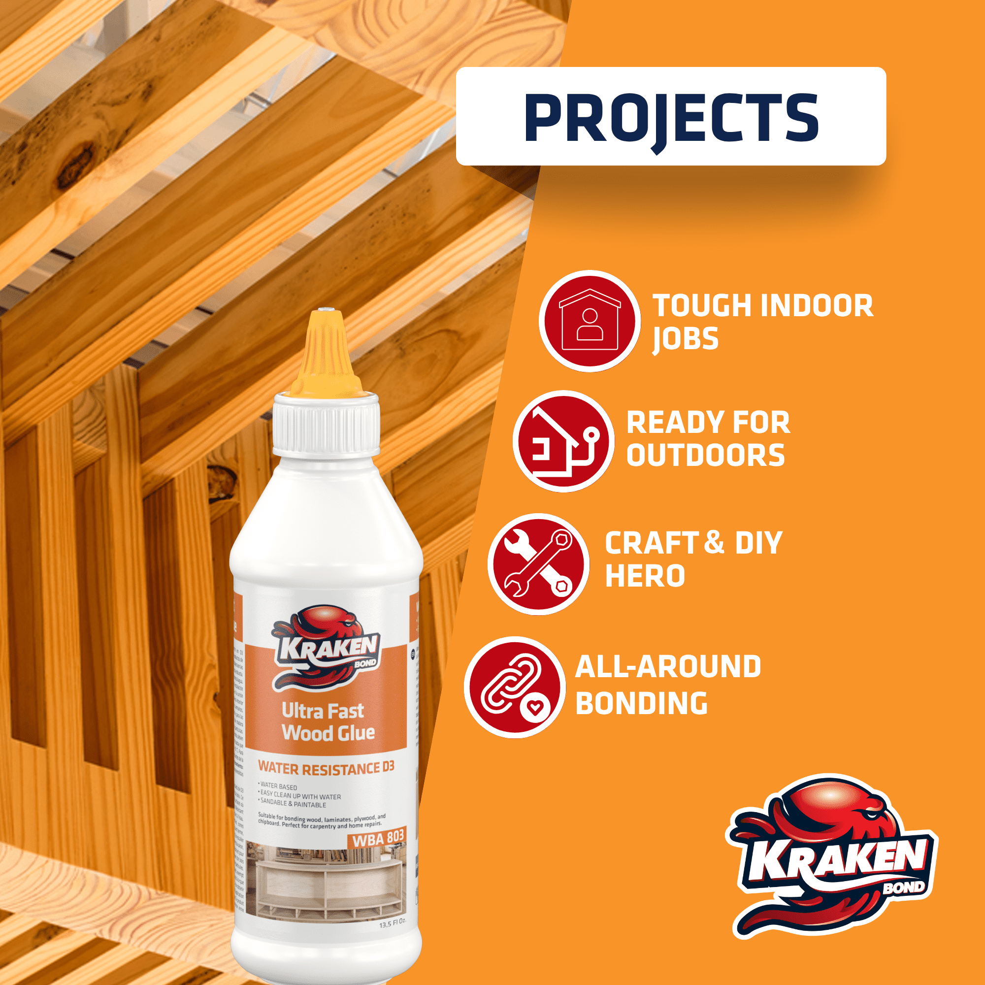 Kraken Bond D3 White PVA Wood Glue, Fast Setting, 13.5 fl oz - 12 Pack