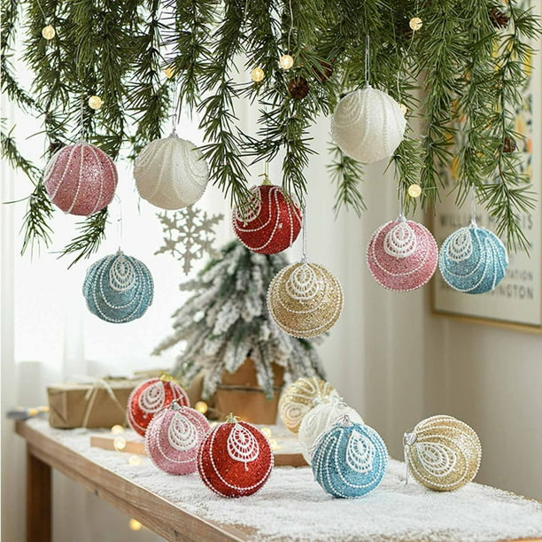 Fiudx Bolas Navideñas, Diseño Festivo En Dorado, Rojo, Azul y Blanco, Exquisito Detalle de Cuentas y Lentejuelas, Decoración Navideña de Invierno, Perfectas para Árbol de Navidad y Fiestas, Tamaño de