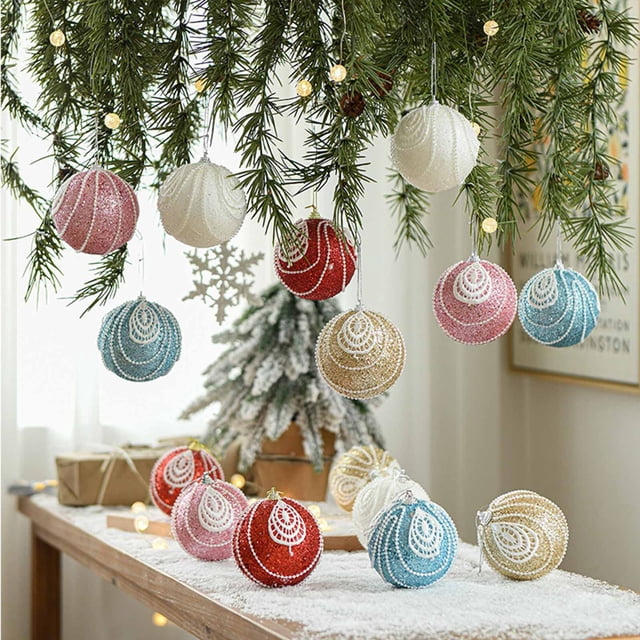 Fiudx Bolas Navideñas, Diseño Festivo En Dorado, Rojo, Azul y Blanco, Exquisito Detalle de Cuentas y Lentejuelas, Decoración Navideña de Invierno, Perfectas para Árbol de Navidad y Fiestas, Tamaño de