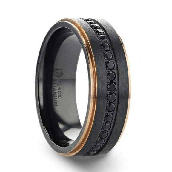 ASTRO Flat Brushed Black Titanium Ring with Rose Gold Plated Edge and Black Sapphire