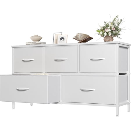 5-Drawer White Dresser with Wooden Top Fabric Storage Chest for Bedroom & Living Room