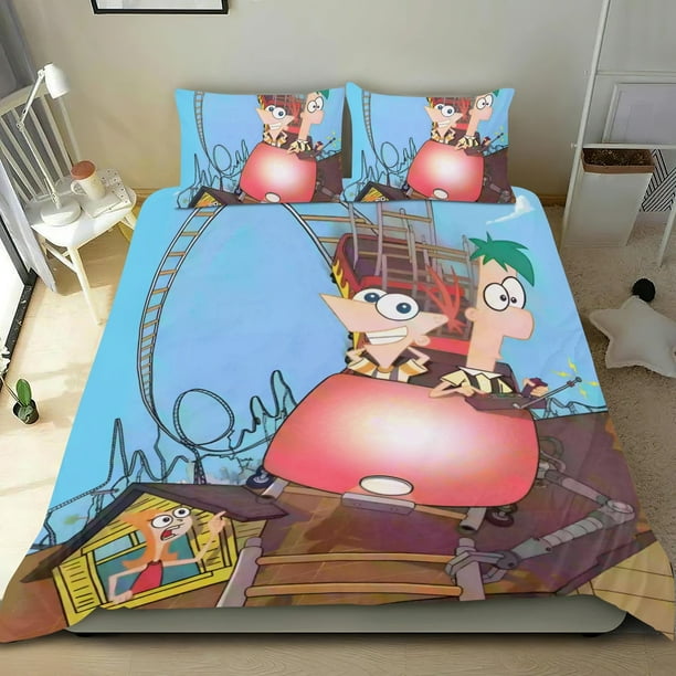Phineas y Ferb Conjunto de sábanas temático, trío de piezas, cómodo y amigable con la piel, diseño único, regalo de decoración para el hogar para familiares, amigos y fans,135cm *200cm