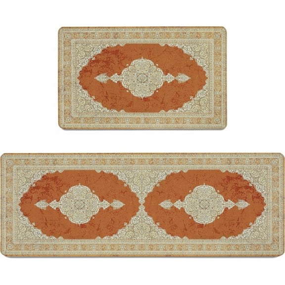 Orange Boho Kitchen Floor Mats Set of 2 Anti-Fatigue 0.4 Inch Thick Vintage Bohemian Farmhouse Kitchen Rugs Non Slip Waterproof Comfort PVC Mat Decor for Sink Laundry 17.3 x 28 17.3 x 47 Inch