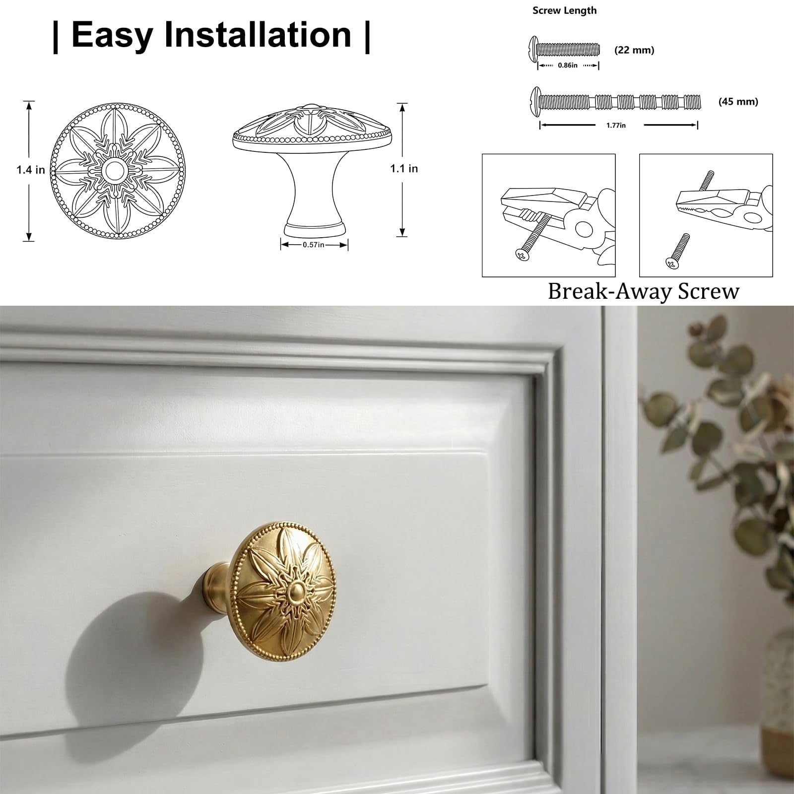 4 Pack Antique Brass Cabinet Knobs Vintage Dresser Knobs Drawer Knobs,1.4" Round Vintage Kitchen Cabinet Knobs Handles for Cabinets and Dresser Drawers Rustic