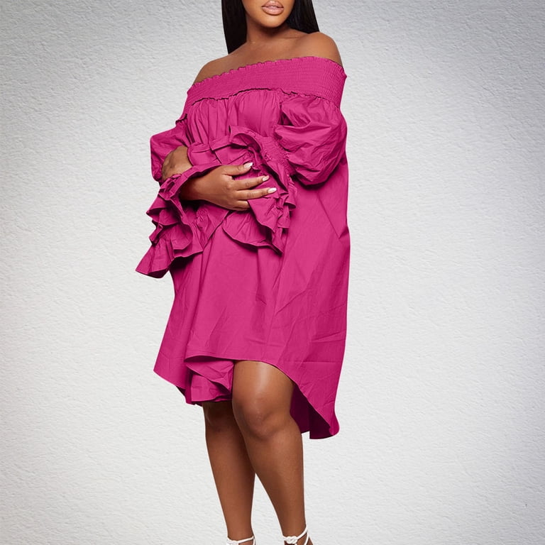plus size jr bridesmaid dresses Mrat Junior Bridesmaid Dresses Off Shoulder Dress for Women A-Line Ruffle Sleeve Casual Plus Size Midi Pleated Sundress Flowy Dress S-219 Hot Pink-A M